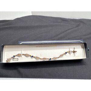 DL 925 Sterling Silver Gold Vermeil Oval Blue CZ Leaves Tennis Bracelet Victori